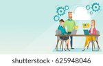 Business people using laptops during meeting. Caucasian business people at business meeting. Office workers gathered together at table in office. Vector flat design illustration. Horizontal layout.
