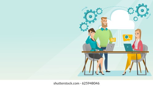 Business people using laptops during meeting. Caucasian business people at business meeting. Office workers gathered together at table in office. Vector flat design illustration. Horizontal layout.