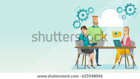 Business people using laptops during meeting. Caucasian business people at business meeting. Office workers gathered together at table in office. Vector flat design illustration. Horizontal layout.