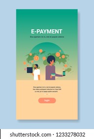 business people using mobile computer app e-payment concept money transactions global online payment flat vertical copy space vector illustration