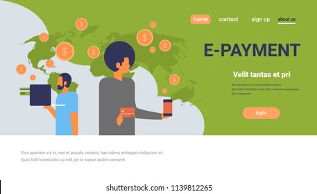 business people using mobile e-payment application dollar coin global online pay concept flat horizontal copy space vector illustration