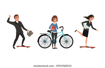 Business People Using Personal Eco Friendly Transport Set, People Riding Modern City Transport Cartoon Vector Illustration