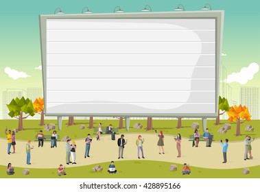 Business people using smart phones and computers in the city with a big billboard. Ad sign.
