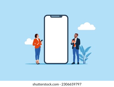 Geschäftsleute, die Smartphone in der Nähe von großen Handy mit leerem Bildschirm, surfen im Internet. Flache Vektorgrafik