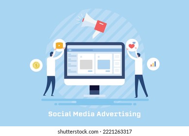 Business people using social media network for digital marketing, Social media strategy, online advertising - flat vector illustration background