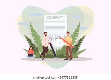 Business people using web app to sign contract with electronic signature vector illustration. Employees achieving formal agreement. Business documents, modern technology concept