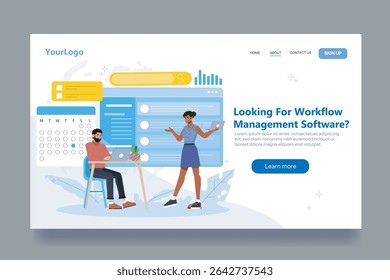 Business people using workflow management software on laptops, flat design style, on a white background, concept of productivity and teamwork. Vector illustration