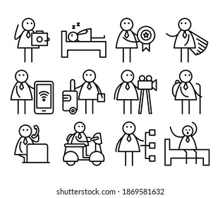 business people in various activities; businessman sleeping, holding prize, taking photo, riding bike and travelling 
