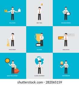 Business people in various characters. Infographics with flat design character. Vector