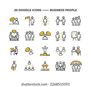 Conjunto de iconos de la línea de vídeo de personas de negocios. Esbozo de ilustración de mano dibujado de encuentro, lugar de trabajo, comunicación comercial, estructura de equipo y éxito.