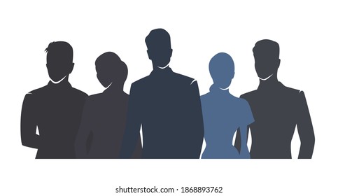 Business people vector drawing, flat design isolated silhouettes. Group of people, men and woman in formal clothing