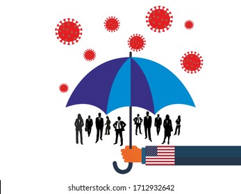 Business people vector flat illustration during Coronavirus Covid-19. Coronavirus infection control. Immune system protectio, support. 
Usa government protection with umbrella.