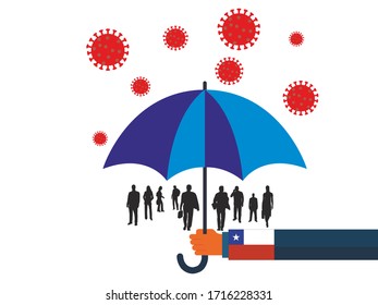 Business people vector flat illustration during Coronavirus Covid-19. Coronavirus infection control. Immune system protectio, support. 
Chili government protection with umbrella