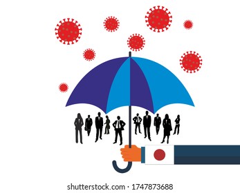 Business people vector flat illustration during Coronavirus Covid-19. Coronavirus infection control. Immune system protectio, support.  governments protection with umbrella