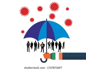 Business people vector flat illustration during Coronavirus Covid-19. Coronavirus infection control. Immune system protectio, support.  governments protection with umbrella