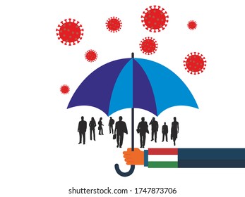 Business people vector flat illustration during Coronavirus Covid-19. Coronavirus infection control. Immune system protectio, support.  governments protection with umbrella
