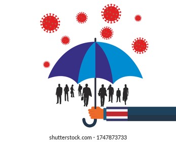 Business people vector flat illustration during Coronavirus Covid-19. Coronavirus infection control. Immune system protectio, support.  governments protection with umbrella
