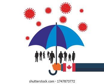 Business people vector flat illustration during Coronavirus Covid-19. Coronavirus infection control. Immune system protectio, support.  governments protection with umbrella