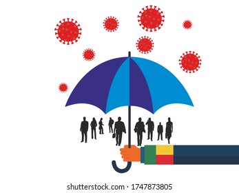 Business people vector flat illustration during Coronavirus Covid-19. Coronavirus infection control. Immune system protectio, support.  governments protection with umbrella