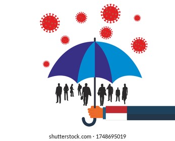 Business people vector flat illustration during Coronavirus Covid-19. Coronavirus infection control. Immune system protectio, support. 
government protection with umbrella