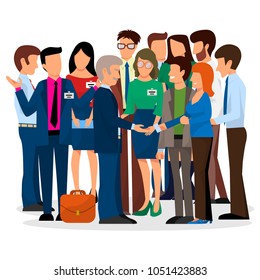 Business people vector groups presentation to investors conferense teamwork meeting characters interview illustration.