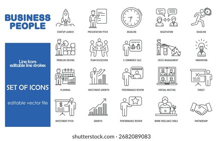 Conjunto de iconos de Vector de personas de negocios. inicio, resolución de problemas, reuniones de equipo, comercio electrónico, gestión de crisis, crecimiento y planificación de inversiones
