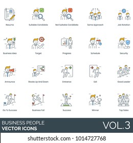 Business People Vector Icons. Icons include: resume, job rotation, leadership, sales, job rotation, candidate screening, same approach, target, success, failure, announcement, idea, security and more.