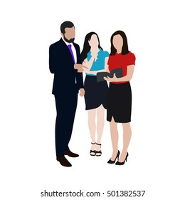 Business people vector illustration. Group of two women and one man at work. Set of people at work