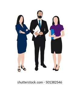 Business people vector illustration. Group of two women and one man at work. Set of people at work