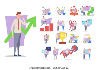 Business people vector illustrations set. Office cartoon characters having new idea, earning money, climbing career ladder, dealing with partners. Business and cooperation concept