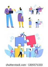 Business people vector set. Cooperation. People connecting puzzle elements.  Business meeting. Teamwork. Business people working together. Cartoon Flat style characters isolated on white background.