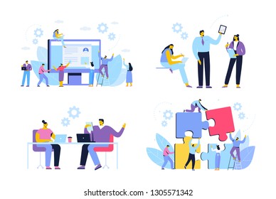 Business people vector set. Cooperation. People connecting puzzle elements.  Business meeting. Teamwork. Business people working together. Cartoon Flat style characters isolated on white background.