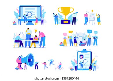 Business people vector set. Creative team characters. Discussion people. Office workers life. Team thinking and brainstorming. Flat vector characters