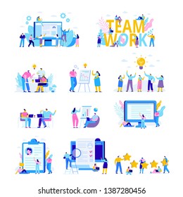 Business people vector set. Creative team characters. Discussion people. Office workers life. Team thinking and brainstorming. Flat vector characters