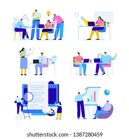 Business people vector set. Creative team characters. Discussion people. Office workers life. Team thinking and brainstorming. Flat vector characters