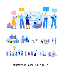 Business people vector set. Creative team characters. Discussion people. Office workers life. Team thinking and brainstorming. Flat vector characters