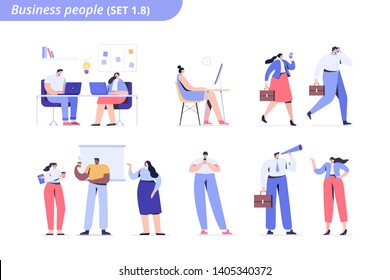 Conjunto vectorial de gente de negocios. Equipo de negocios. Trabajando en compañía, discusión, colaboración, socios. Hombres y hembras vectoriales aislados en blanco.