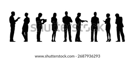 Business people vector silhouettes set. Silhouette of four people standing together with one person pointing to something in the distance shown here, vector illustration.