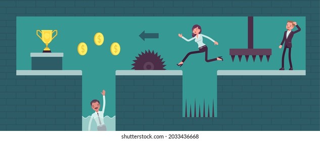 Business people video game, overcome difficulties and obstacles, solve problems. Office managers run, jump to reach level, solving puzzles and collecting items, completing task. Vector illustration