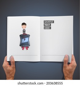Business people with vintage label printed on book.