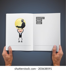 Business people with vintage label printed on book.