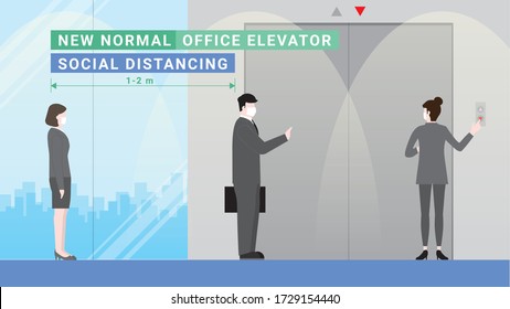 Business people waiting for elevator down in office building. Lifestyle after pandemic covid-19 corona virus. New normal is social distancing queue and wearing mask. Flat design style vector concept