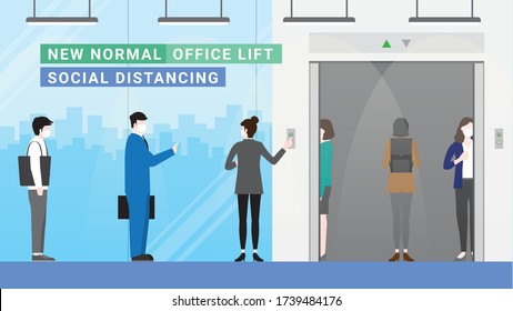 Business People Waiting For Elevator Going Up Office Building. Lifestyle After Pandemic Covid-19 Corona Virus. New Normal Is Social Distancing Queue And Wearing Mask. Flat Design Style Vector Concept.