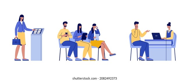 Business people waiting line queue. Bank managers and customers characters. Various clients in a bank office room. Flat style vector illustration