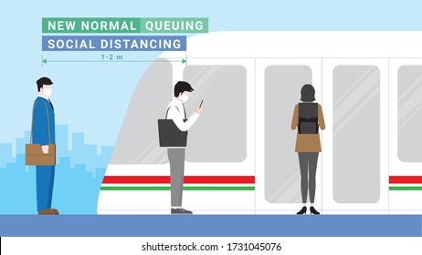 Business people waiting queue for sky train public transportation. Lifestyle after pandemic covid-19 corona virus. New normal is social distancing and wearing mask. Flat design style vector concept