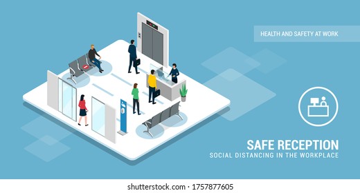 Business people waiting at the reception and keeping a safe distance: social distancing and coronavirus prevention concept