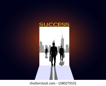 
Business people walk from the dark to the door of light of success