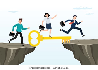 Business people walk on key success cross the gap, key success, solution to solve problem and overcome obstacle, link or connect bridge to help achieve success, resolution method or resolve (Vector)