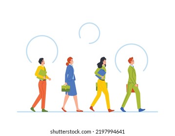 Business People Walk in Row, Male and Female Characters Team Going Together. Businessmen and Businesswomen Joyful Managers Colleagues, Teamworking Group, Office Employees. Cartoon Vector Illustration