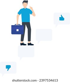 Business people walk up speech bubbles, as a symbol of taking other people's opinions and working together.

